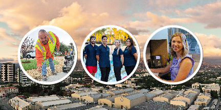Image of 3 sets of City of Burbank employees superimposed over a Burbank skyline.