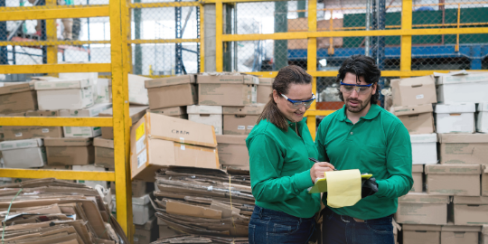 A man and a woman wearing safety glasses stand together while reviewing a notepad the man is holding in the foreground; stacks of cardboard boxes are piled up behind them.