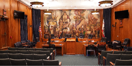 Photo of City of Burbank Council Chamber with wood-paneled walls, a mural, and the dais.